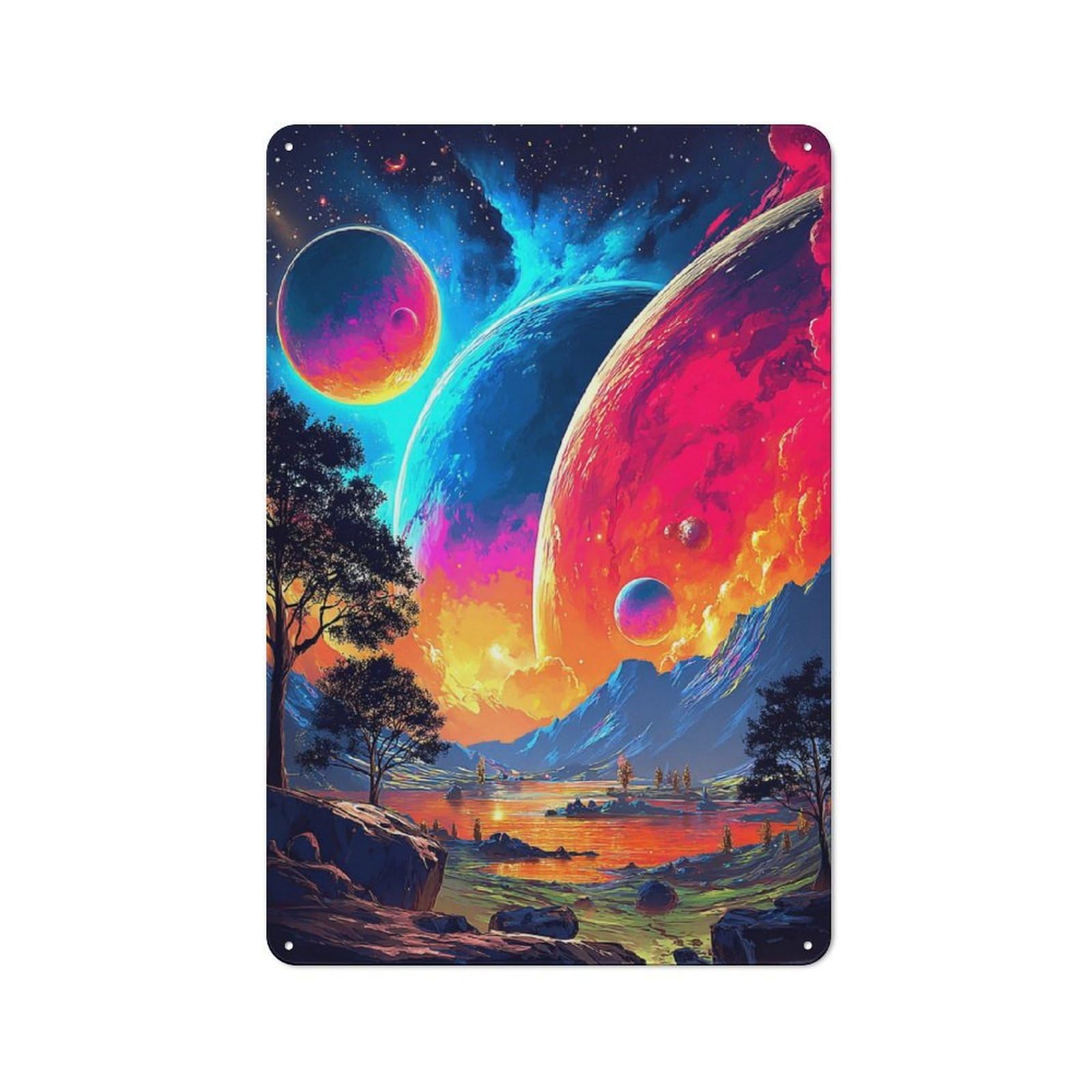 Junmoney Fantasy Cosmic Landscape With Planets 30X20cm Retro Tin Sign With For Home Office Or Studio, For Home Interiors, Feature Walls And Decorative Displays