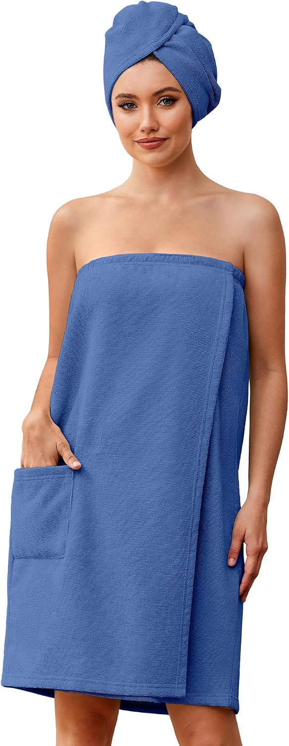 Ekouaer Towel Wrap for Women with Hair Towel Lightweight Knee Length Spa Body Bath Adjustable Closure Bathrobe with Pocket