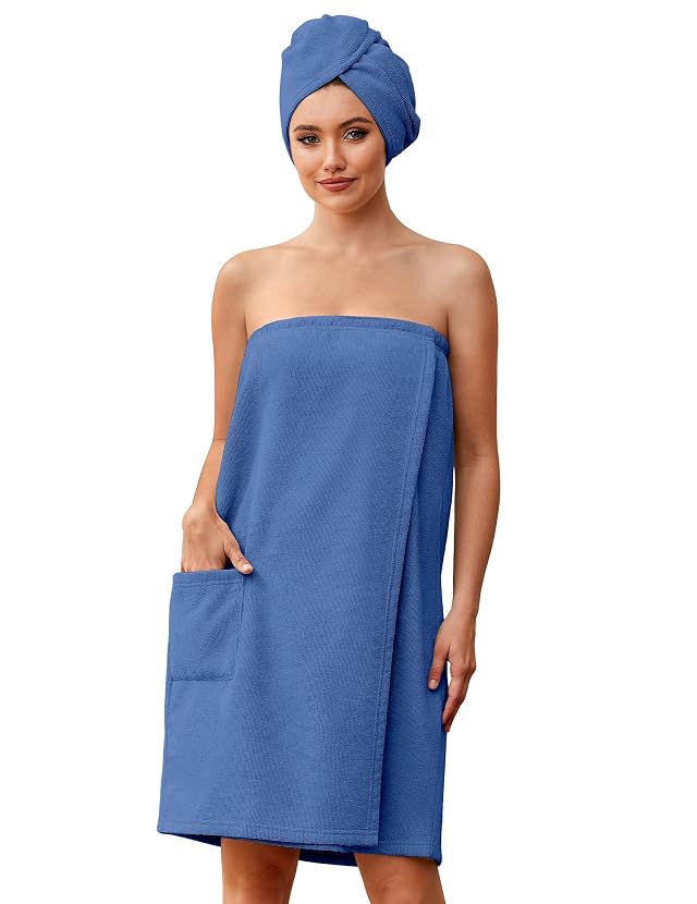 Ekouaer Towel Wrap for Women with Hair Towel Lightweight Knee Length Spa Body Bath Adjustable Closure Bathrobe with