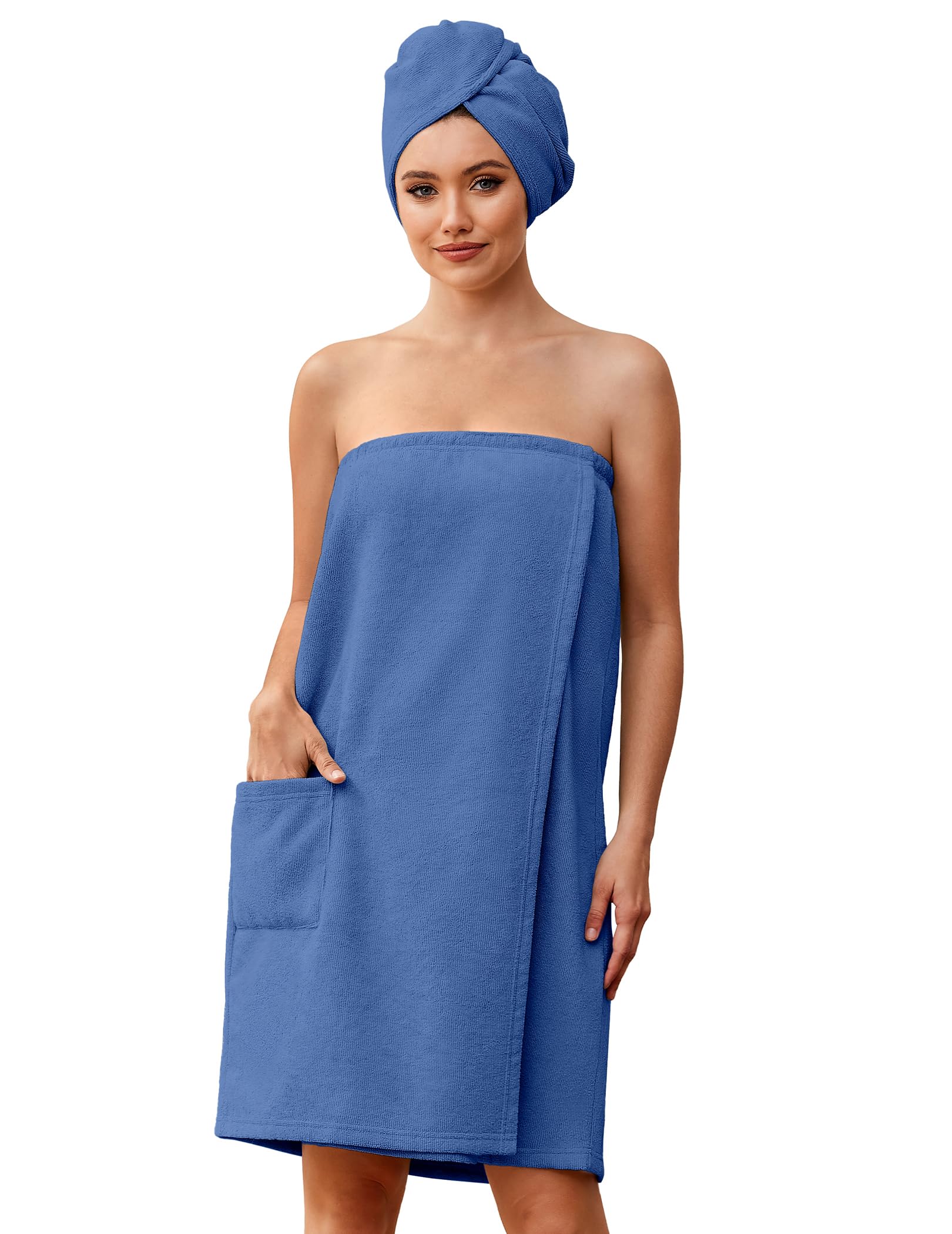 Ekouaer Towel Wrap for Women with Hair Towel Lightweight Knee Length Spa Body Bath Adjustable Closure Bathrobe with