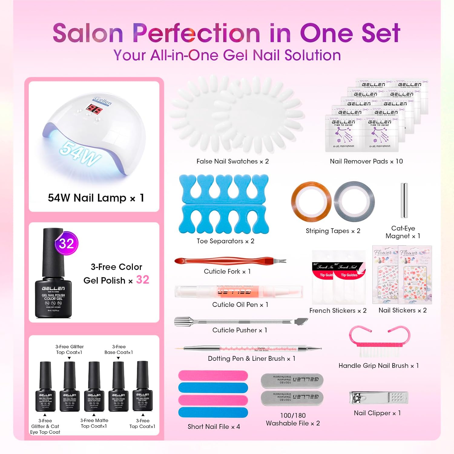 GELLEN 71pcs Gel Nail Polish Kit with U V Light, 32pcs All Seasons Color Hema-Free GelNail Polish Set with 5pcs Functional Gel Top and Base Coat, Nail Art Manicure Salon Nail Kit for Women