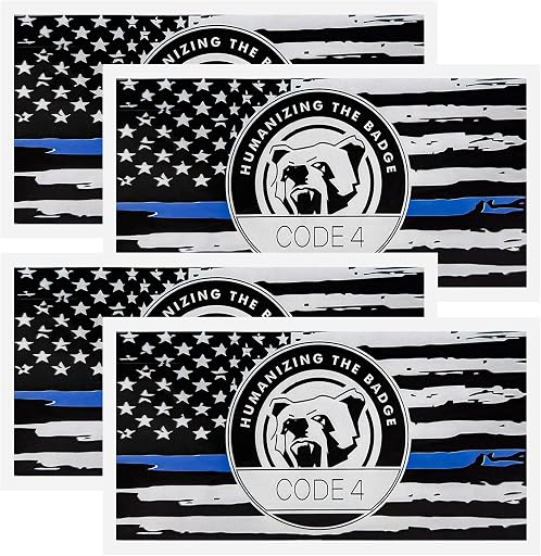 4PCS Thin Blue Line Sticker Code 4, Police Support Sticker American Flag Thin Line Decal, Waterproof Thin Line Flag Stickers Support Law Enforcement for Car Window Laptop (Larger)