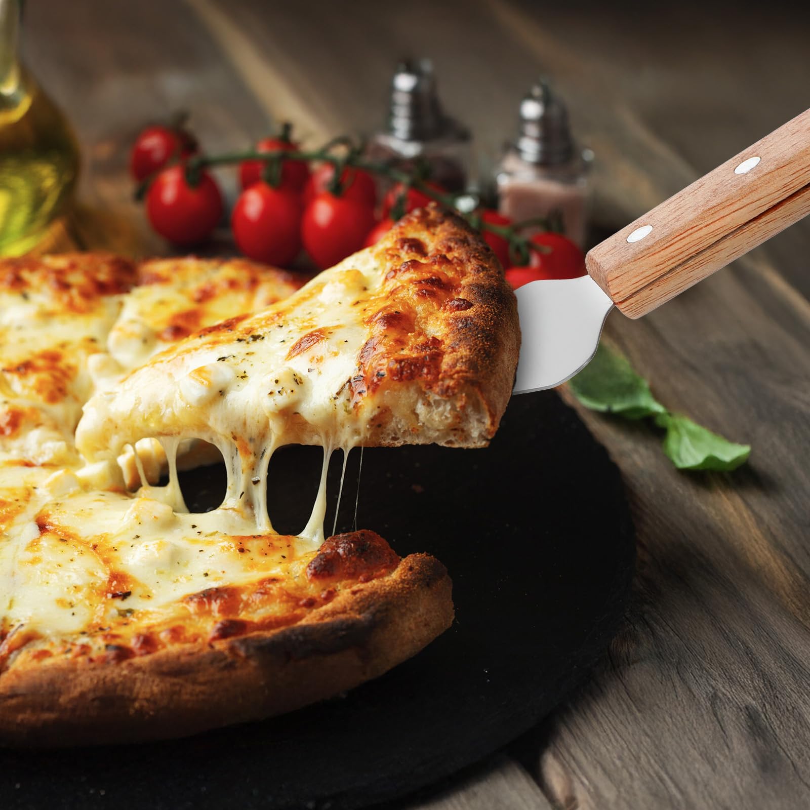 12 espátulas para servir pizza, con mango de madera, de acero inoxidable, aptas para pizza, fáciles de agarrar, espátulas para tartas, cuchillos y pasteles