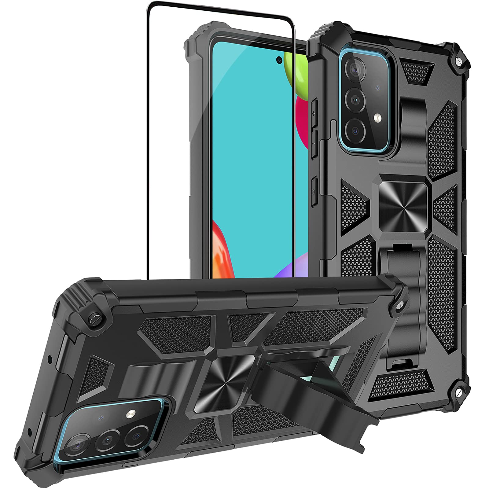 Dretal for Samsung Galaxy A32 5G Case (2021), Military-Grade Series Full-Body Shockproof Built-in Kickstand Car Mount Protective Cover with Tempered Glass Screen Protector (Black)