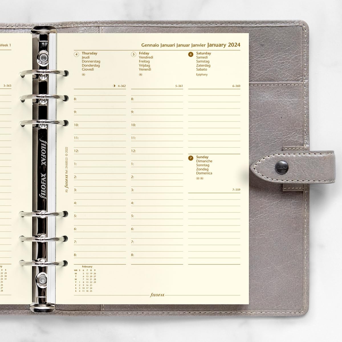 Filofax A5 week on two pages column format 5 language 2024 diary - cotton cream