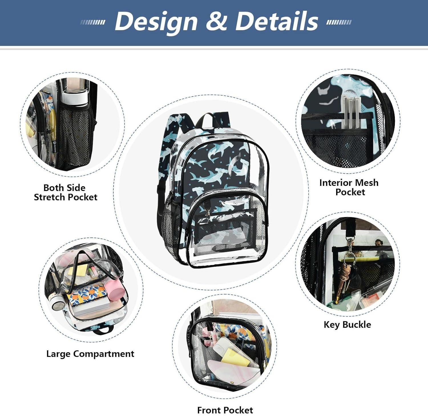 Hammerhead Shark Print Clear Backpack Lightweight Large Capacity See Through Bookbag Transparent Daypack Bag, 12L - Image 5