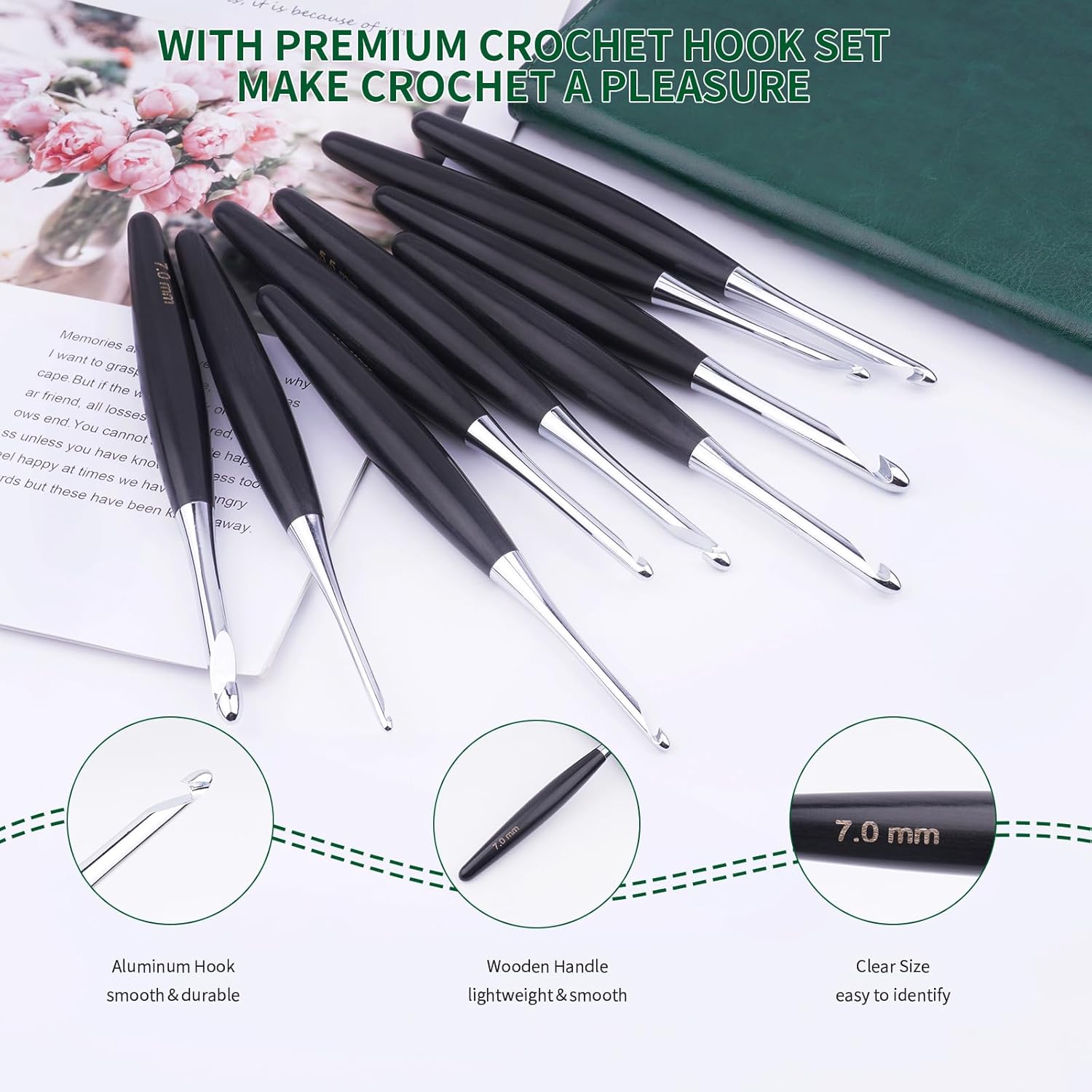 Hobekoee Inline Crochet Hooks Set 9 Sizes 3.5mm(E)-8mm(L) Wooden Handle Crochet Hooks Set with Case,Ergonomic Grip for Arthritic Hands