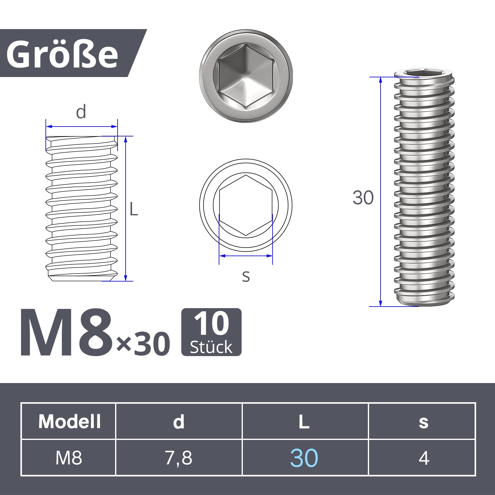 ORTAVA 10 viti senza testa, viti filettate M8 x 30 mm, DIN 913/ISO 4026 con esagono incassato (ISK) e tappo conico, vite senza testa in acciaio inox (argento)