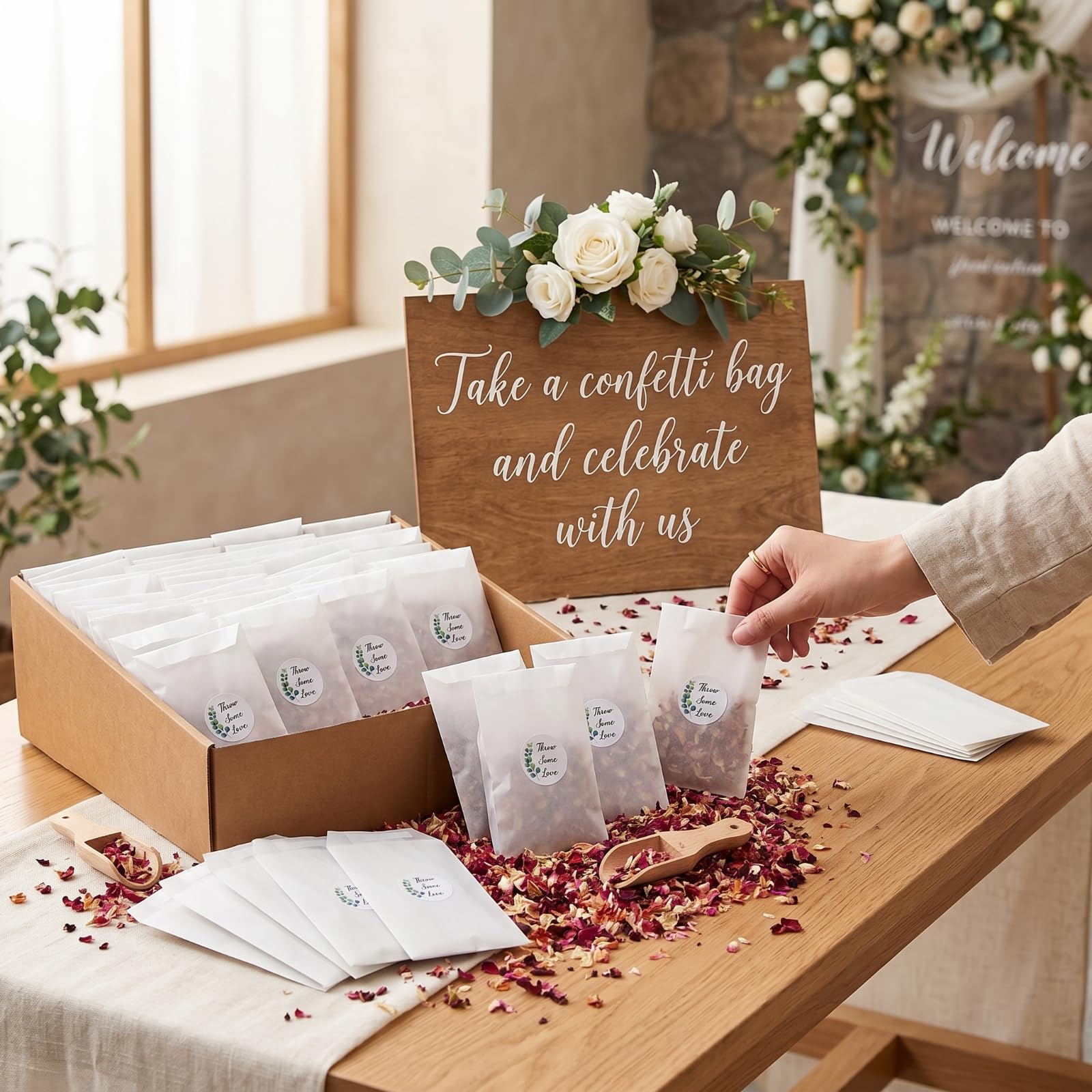 Tenare 100 Sets de Confettis de Mariage pour 95-100 Invités, Comprenant Pétales de Rose Séchés Naturels Sacs de Confettis en Verre et Autocollants Pelle en Bois et Boîte de Présentation (Élégant)
