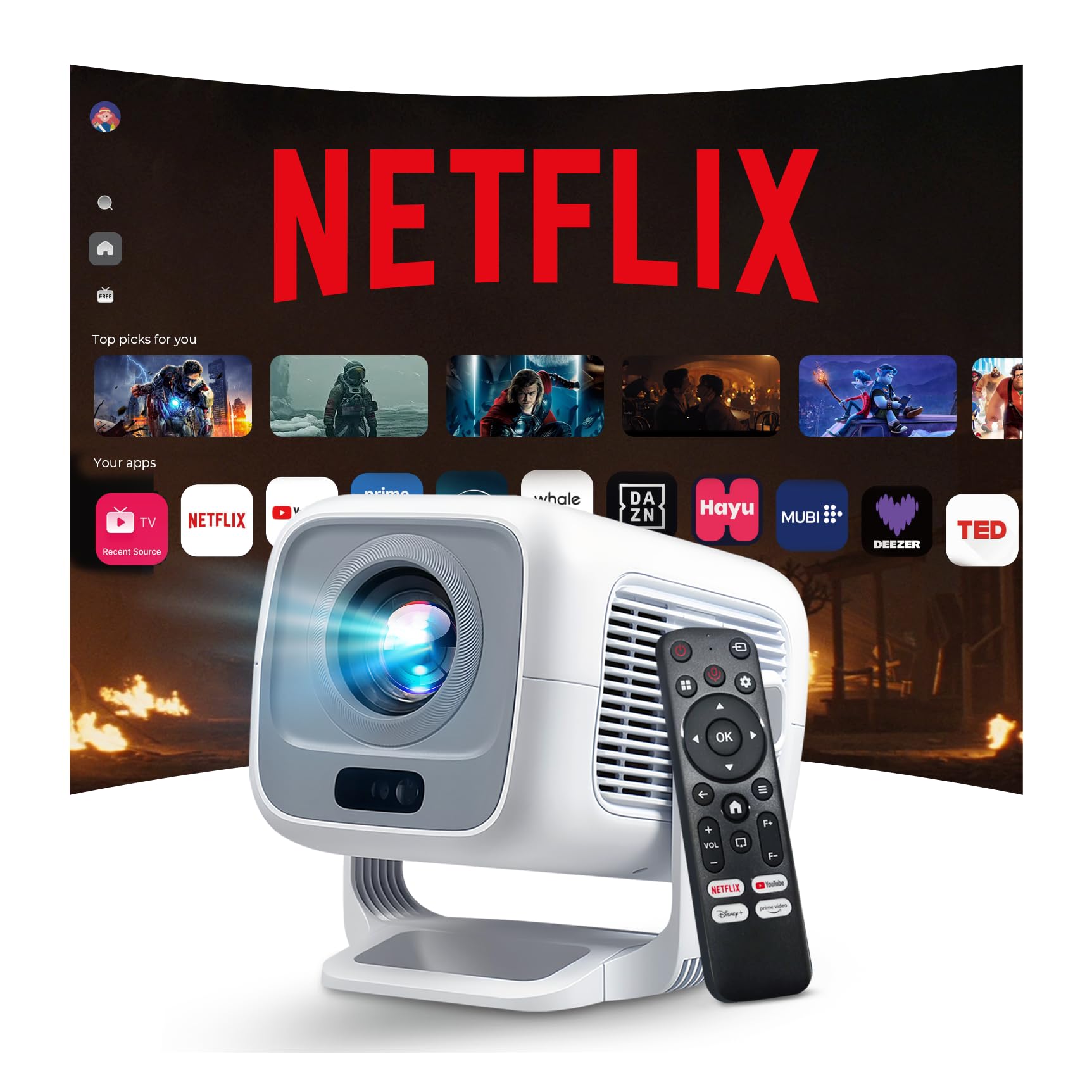 [Compatible with Netflix Google CTS Approved] Smart Proyector Nativo 1080P FHD 4K Soporte, Auto Focus/Keystone, 1200 ANSI Lumens Proyector Portatil iOS/HDMI/USB LYNCAST N300 Android 13 Mini Projector