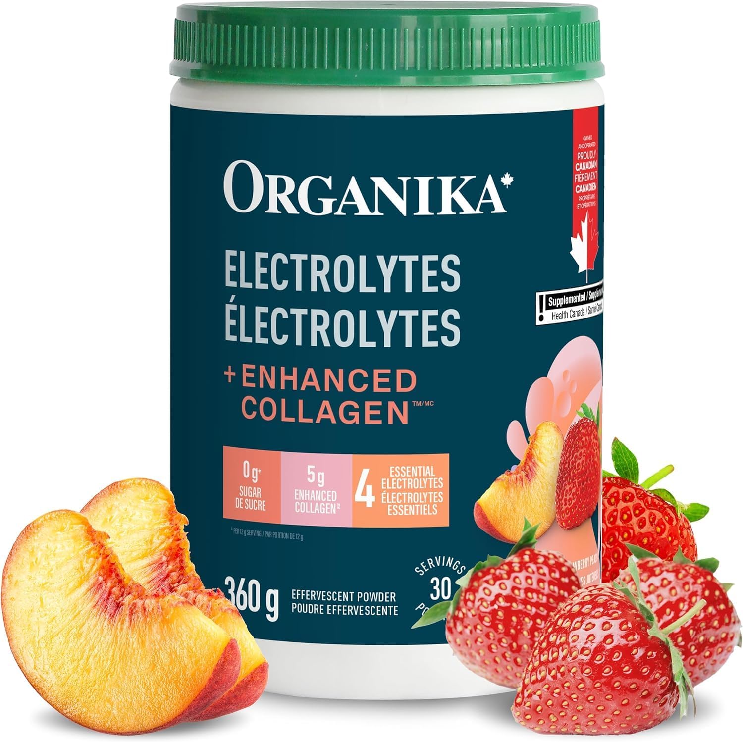 Organika Canadian-Made Electrolytes + Enhanced Collagen - Strawberry Peach -Sugar-Free Hydration | 5g Protein + 100% of Daily Vitamin C | 360g, 30 Servings