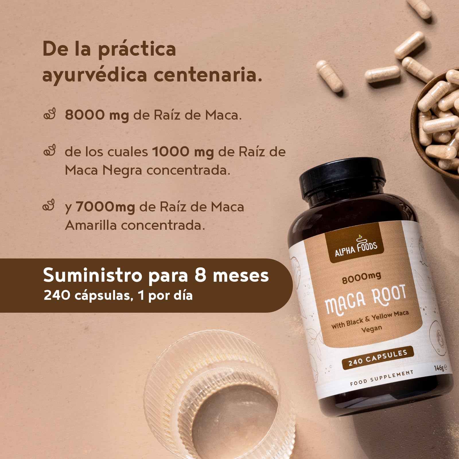 Raíz de Maca Negra Peruana Pura 8000mg | 240 Capsulas Veganas | Extracto 10:1 Maca Root Andina Black y Amarilla | para 8 Meses de Suministro | Sin Aditivos | Alpha Foods