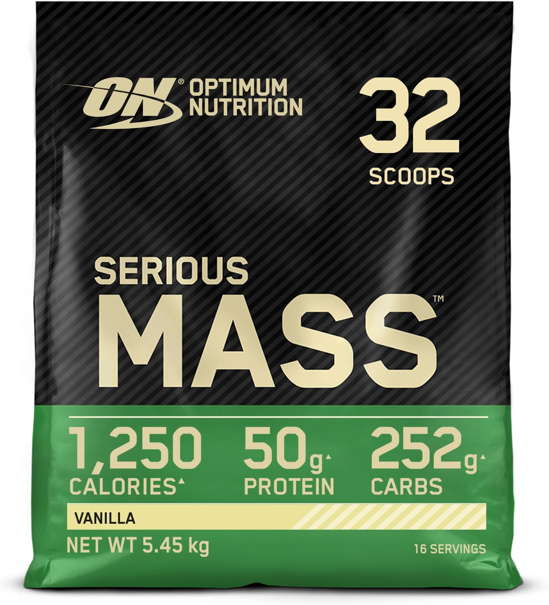 Optimum Nutrition Serious Mass Protein Powder with Creatine, Glutamine, 25 Vitamins and Minerals, Vanilla Flavour, 16 Servings, 5.45KG