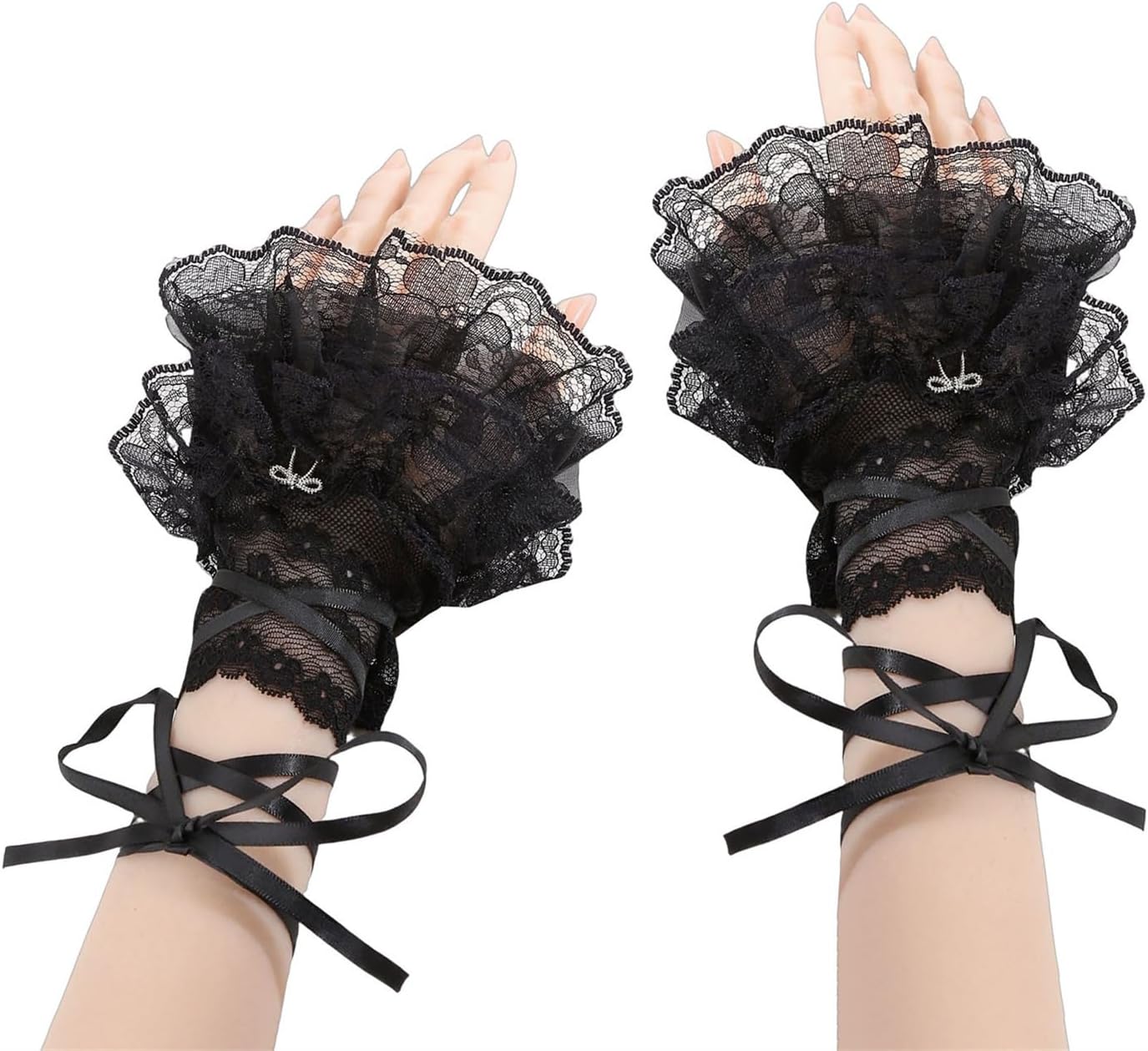 Women Pretty Lace Ruffled Gloves, Sheer Floral Wrist Cuffs