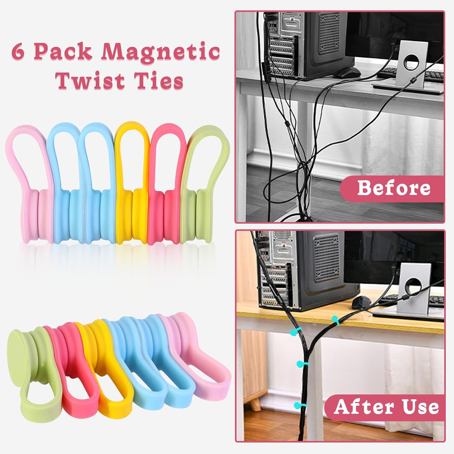 Viaky Magnetic Cable Ties [6-Pack], Reusable Silicone Cord Organizers & Cable Management, Heavy Duty Magnet Twist Wrap Straps for USB, Earphones, Appliance Cords - Macaron Multicolor