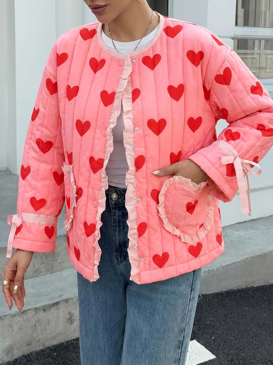 Tankaneo Womens Cropped Puffer Jacket Floral Print Open Front Quilted Jacket Bow Tie Heart Coat Lightweight Outerwear - Image 5