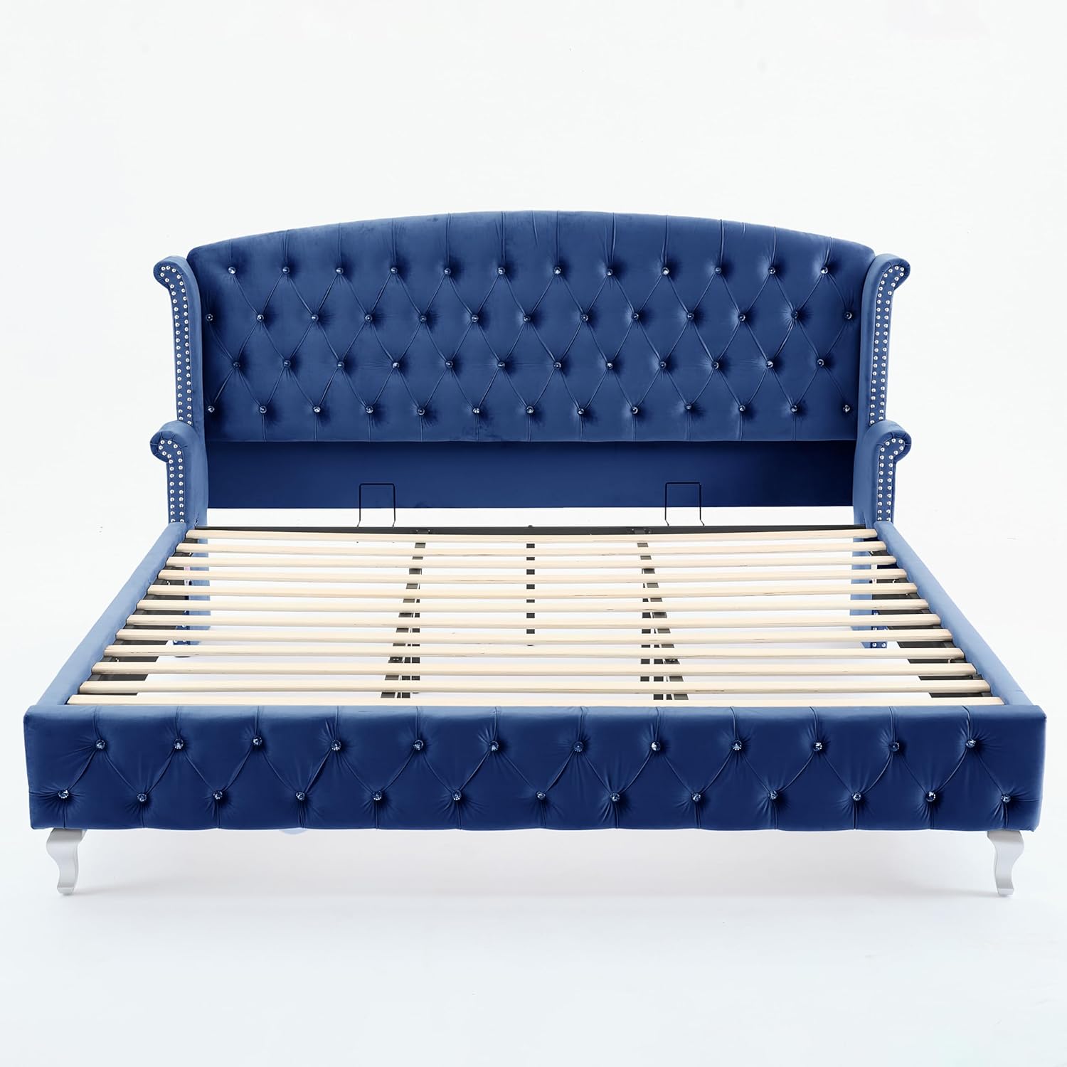 Merax King Size Upholstered Velvet Bed Frame,Heavy-Duty Platform Bed with Wingback Headboard,Deep Diamond Button-Tufted and Nailhead Trim Decoration,No Box Spring Needed,Navy Blue