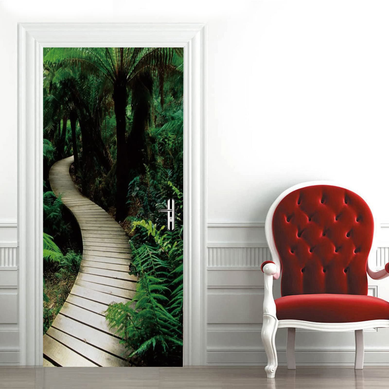 Sticker Porte Forêts et ponts en bois Papier Peint pour Porte Stickers Trompe Loeil Papier Peint 3d Trompe L'oeil Poster de Porte L100 x H200cm