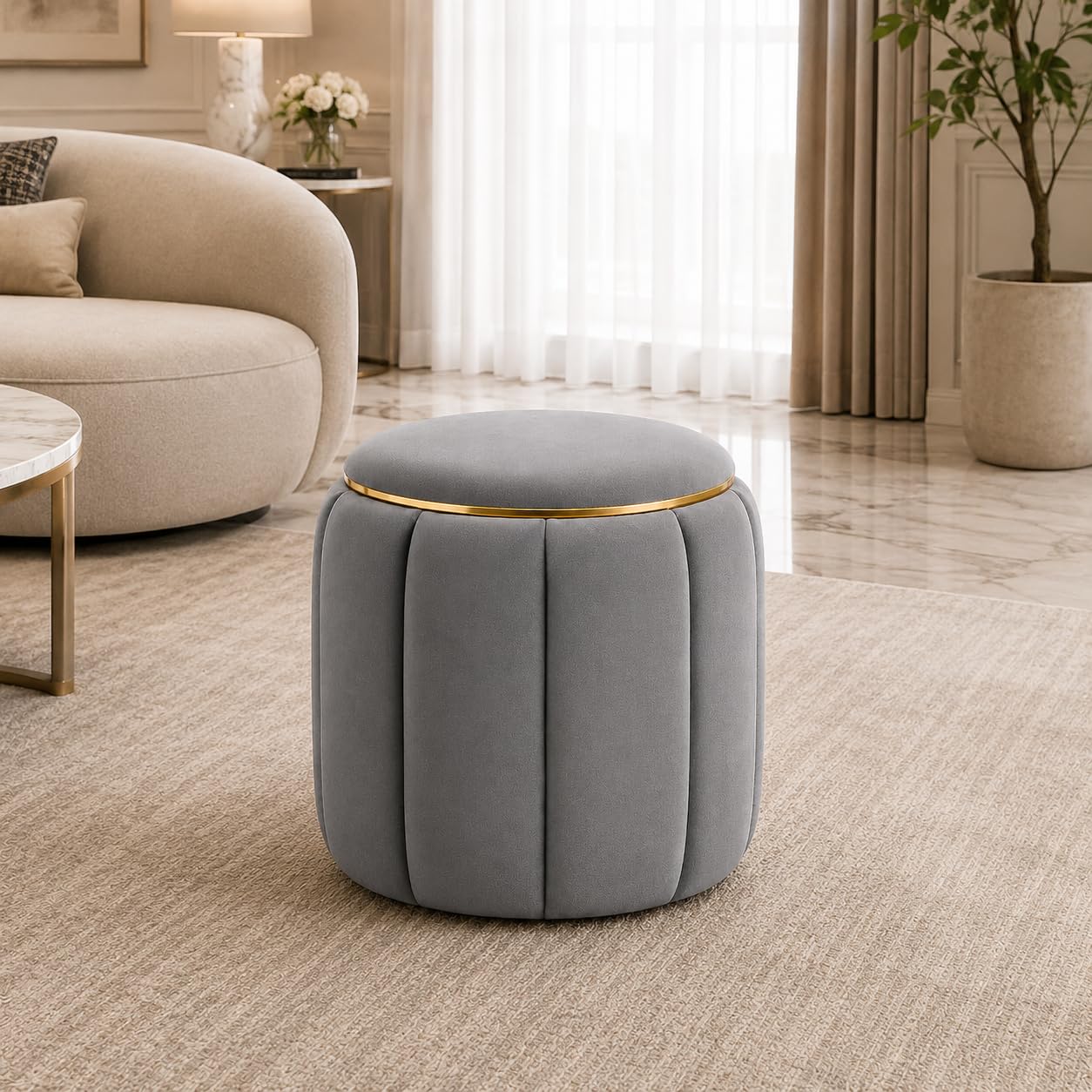 Ottoman Stool with Elegant Gold Ring | Luxury Upholstered Footrest & Vanity Seat | Modern Pouffe for Living Room,Dressing Area | Stylish Decorative Accent Grey-image-13