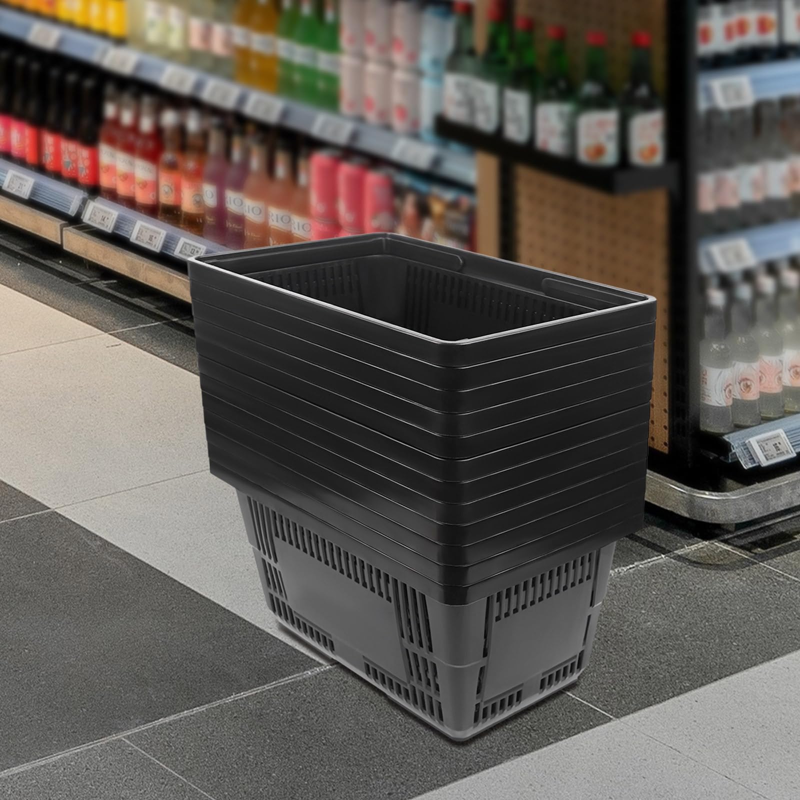Cesta de la compra, apilable, con dos asas, 12 unidades, 28 l, color negro
