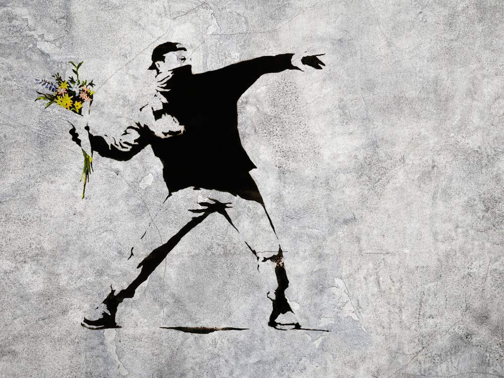1art1 Banksy Poster Stampa Artistica su Tela Il Lanciatore di Fiori, Graffiti Arte di Strada Quadro da Parete sulla Barella | Murale XXL | Immagine 80x60 cm