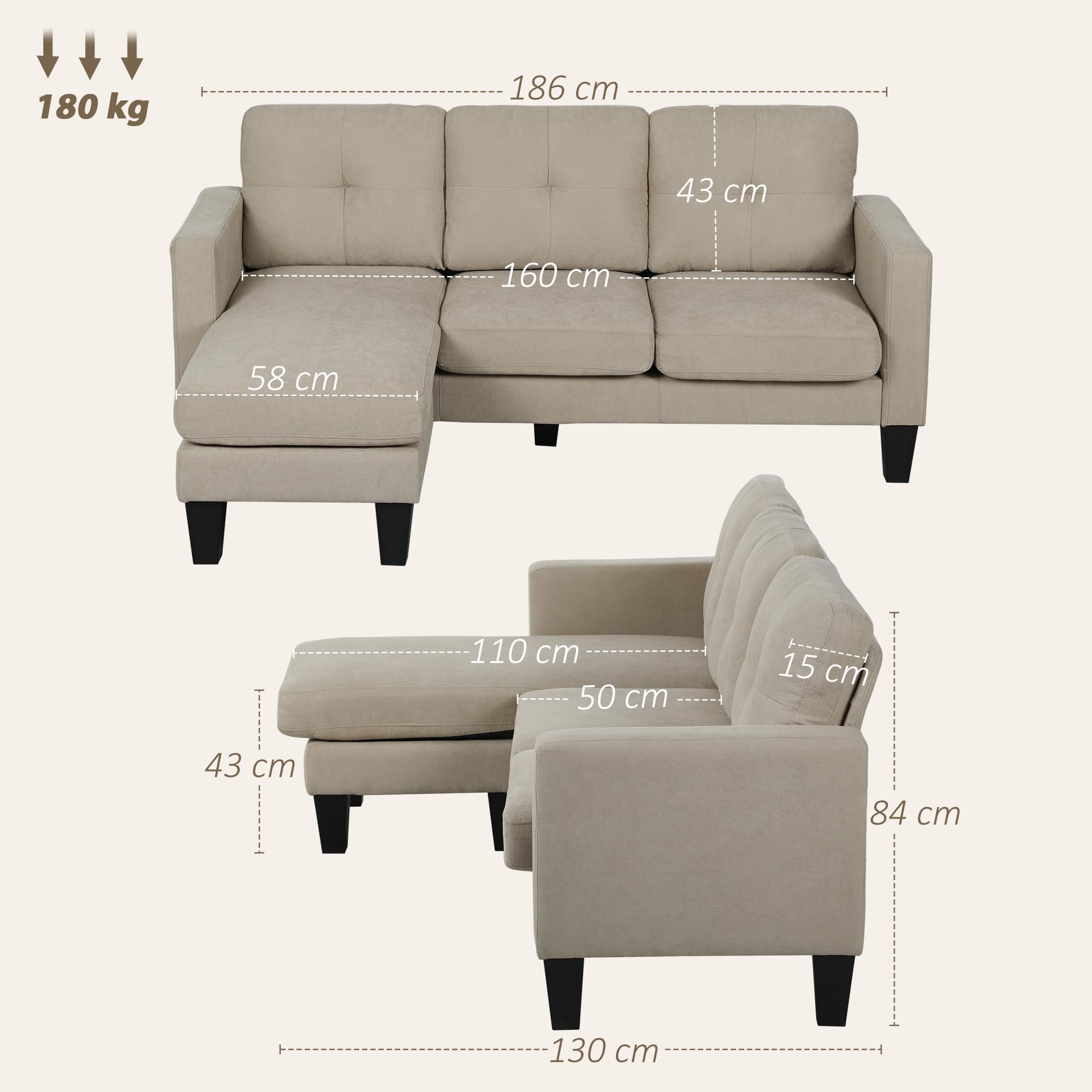 HOMCOM Divano angolare a 3 posti, reversibile a destra o sinistra, soggiorno, grande comfort, schienale imbottito, beige