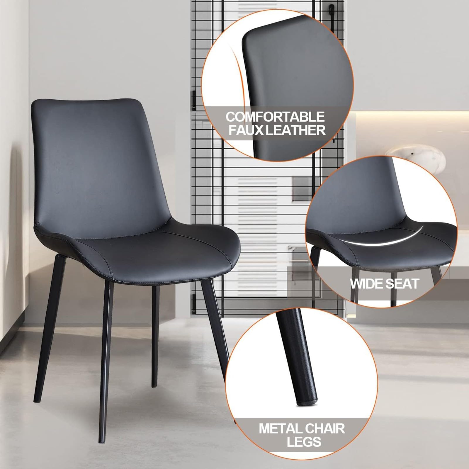 Lot de 4 chaises de salle à manger rembourrées – Dossier incurvé confortable, pieds en métal, cuir synthétique pour cuisine et salon, gris foncé