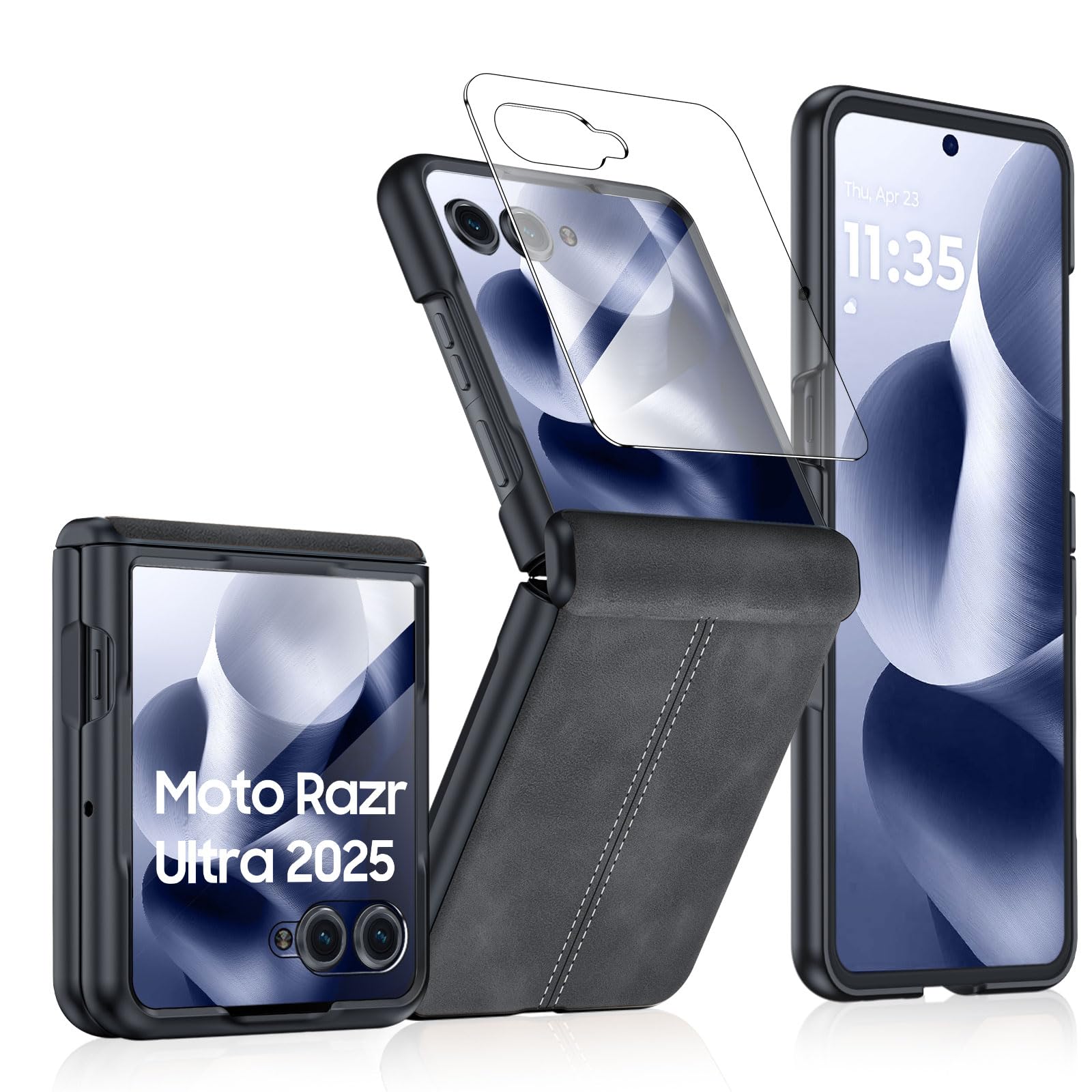 for Motorola Razr Ultra 2025 Case Built-in Screen Protector & Hinge Protection & Ultra Thin PU Leather Matte PC Shockproof Phone Cover Smartphone Case for Moto Razr Ultra 2025 (Black Gray)