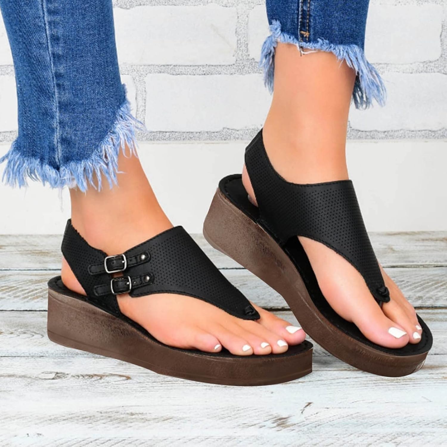 Wedges for Women Thong Sandals with Buckle - Ladies Vintage Summer Fashion Flip Flop Sandals : Sports & Outdoors