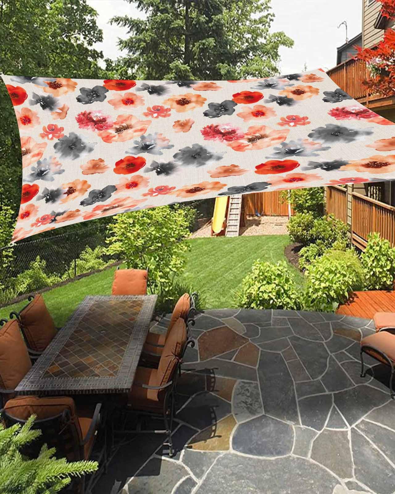 Red Orange Black Spring Floral Sun Shade Sail Waterproof Rectangle, UV Block Sail Shade Canopy Awning Outdoor Privacy Shade Cover for Patio Pergola Deck Backyard 6.5'x10' Watercolor Botanical Rustic