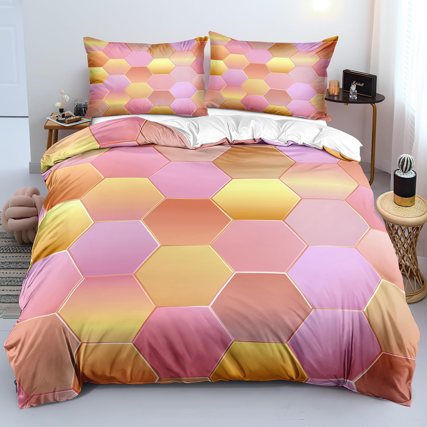 Housse de couette 200x200 dégradé rose orange à motif hexagonal géométrique