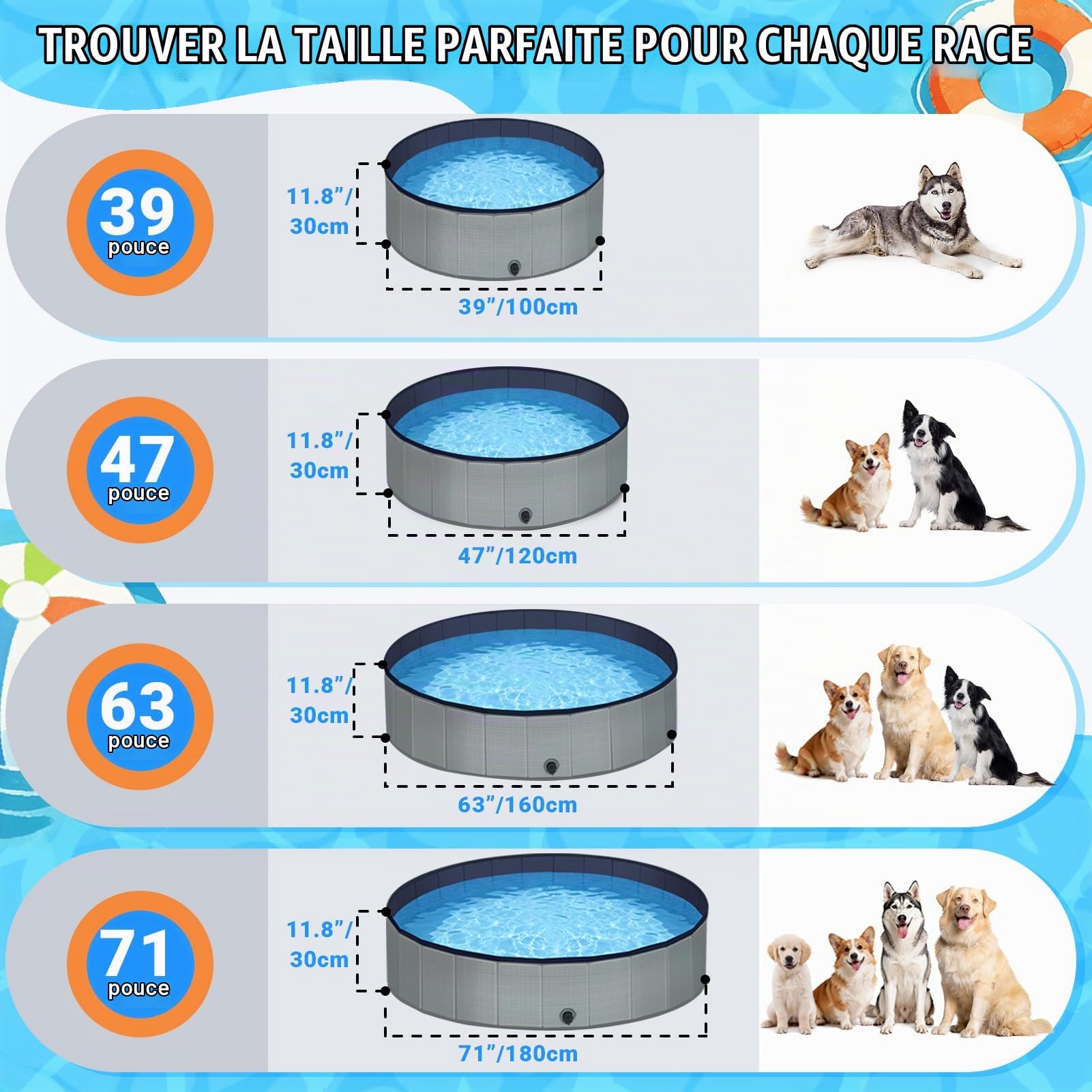 Piscine Chien – Piscine Pliable180 x 30, Panneau PP amélioré de 5mm et Fond épaissi, Pataugeoire Portable Piscine pour Chien de Grande et Moyenne Taille, Idéale pour l'intérieur et l'extérieur