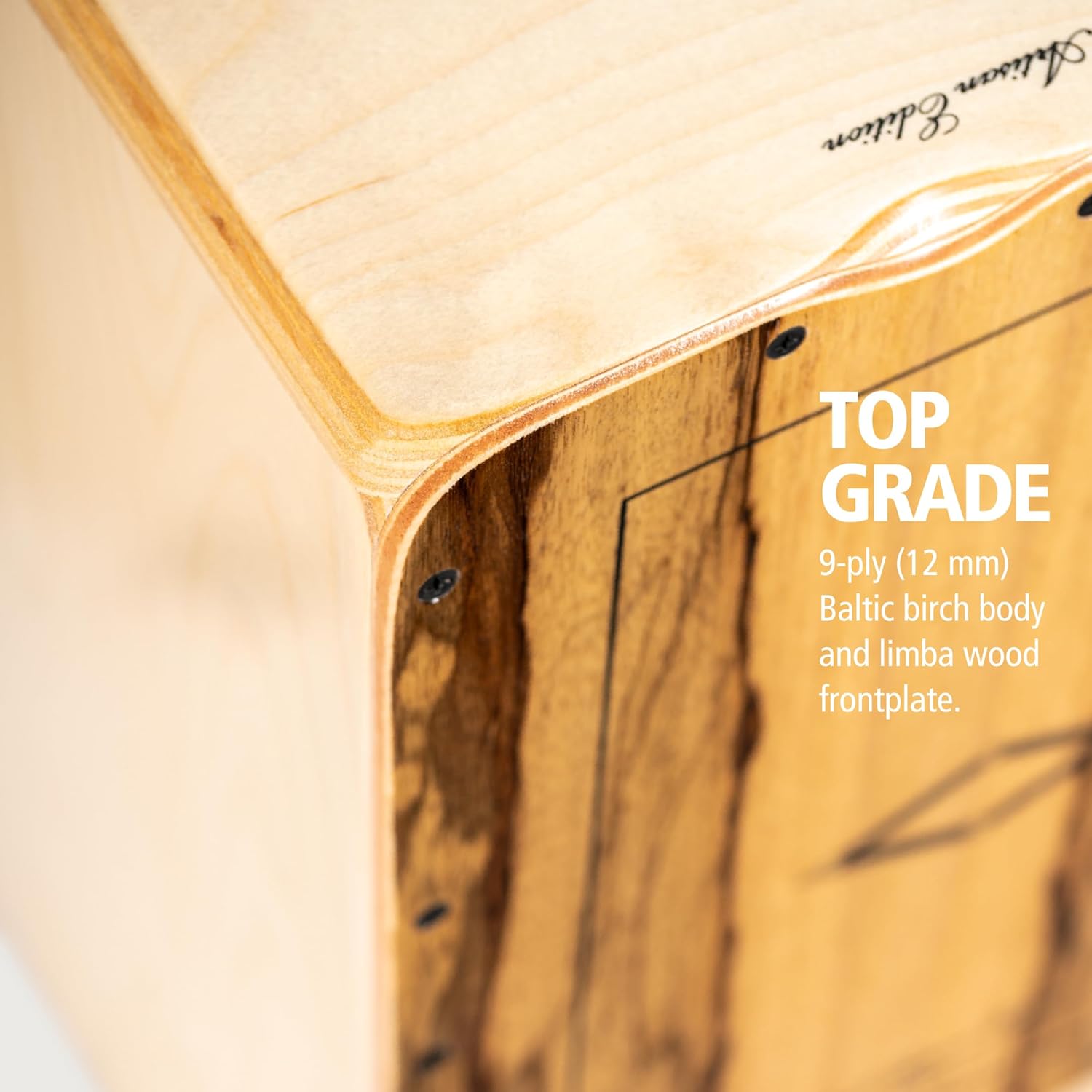 Artisan Edition Cajon with Internal Strings for Snare Effect and Forward Facing Ports, Limba/Baltic Birch — MADE IN SPAIN — Cantina Line, 2-YEAR WARRANTY