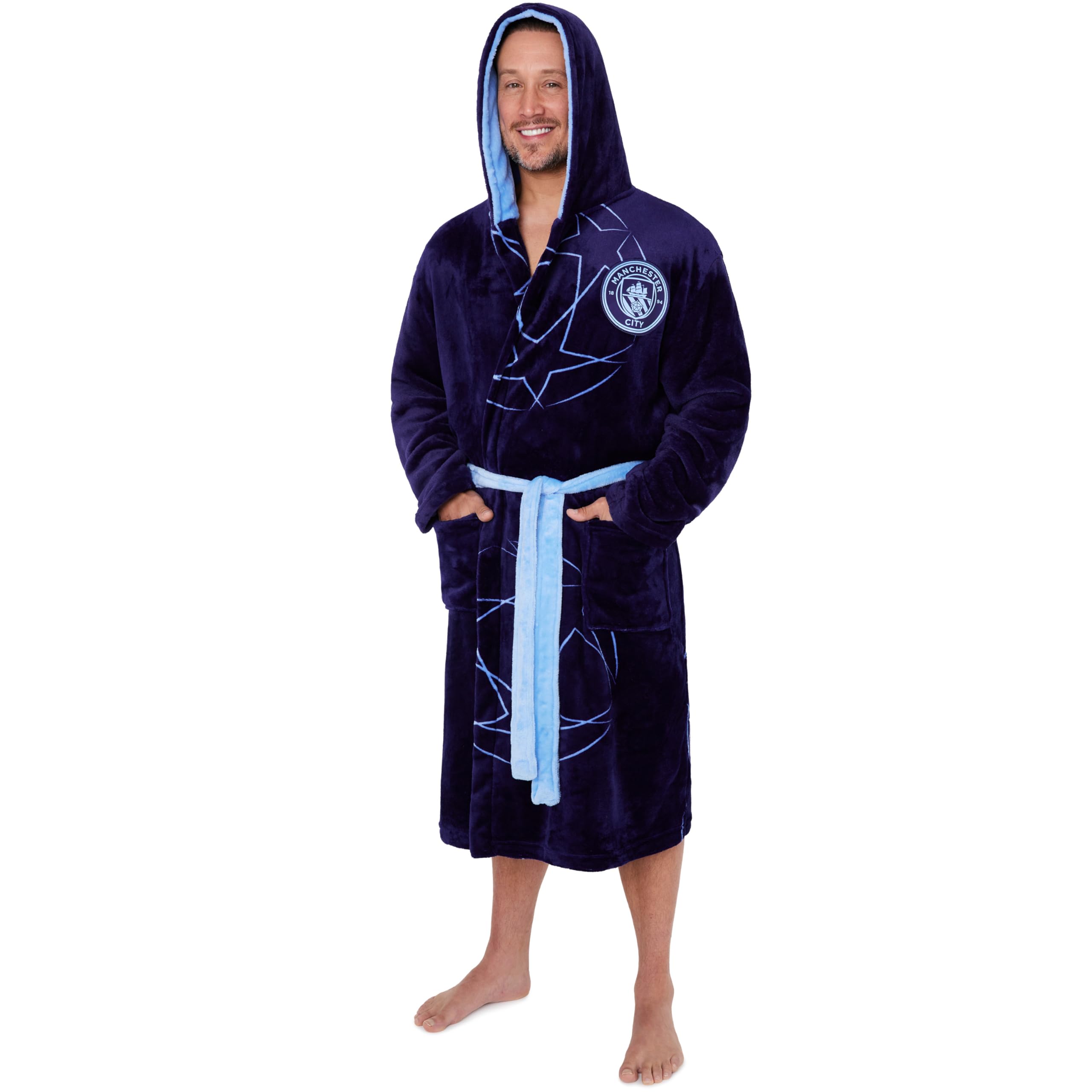 Manchester City FC Dressing Gown for Men & Teens, Soft Fleece Hooded Robe, Champions League Football Loungewear, Gifts for Him (2XL, Navy)