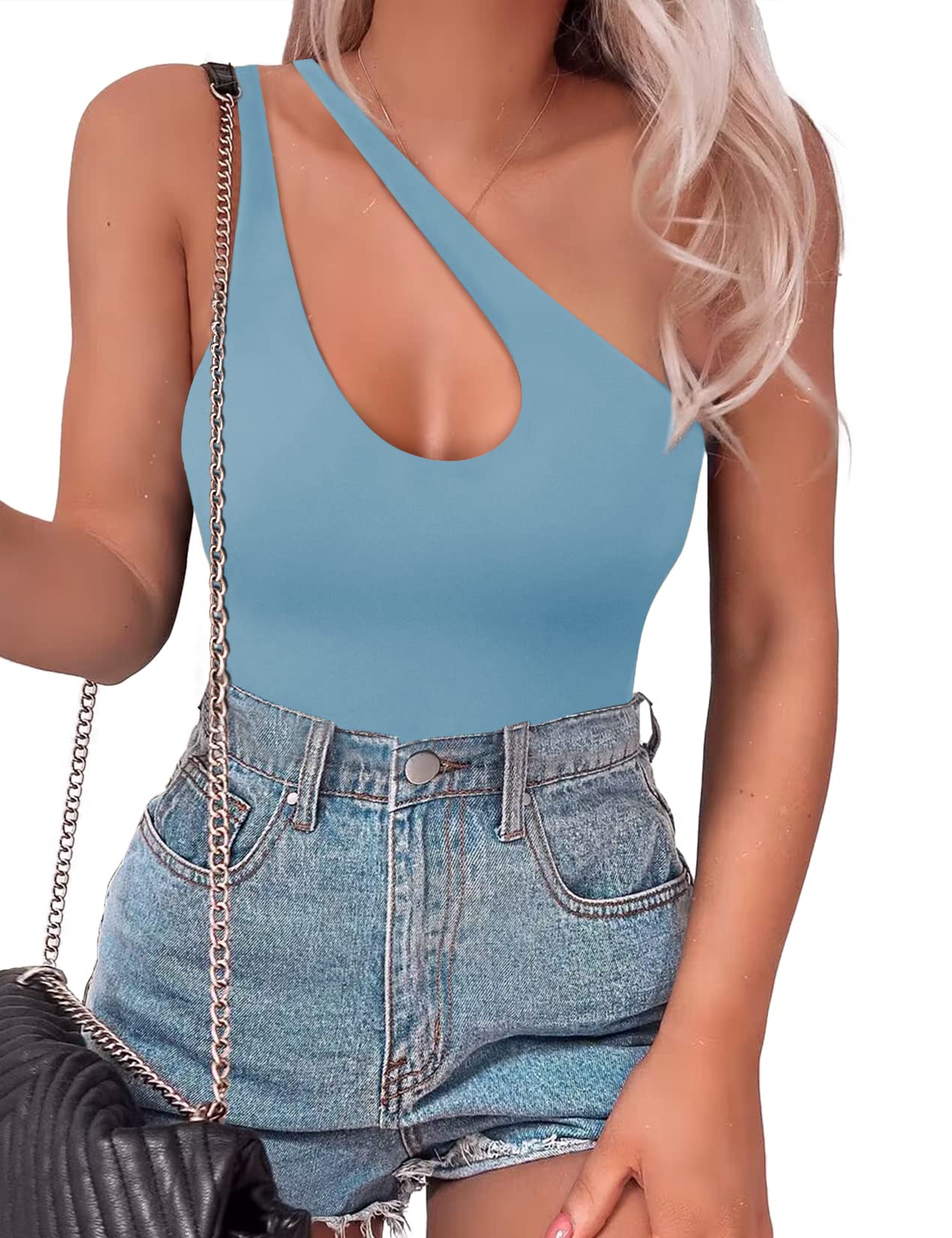 SAUNGKUAI Women's Sexy One Shoulder Sleeveless Cutout Thong Bodysuit Tank Top Body Suits Backless Asymmetrical Going Out Tops