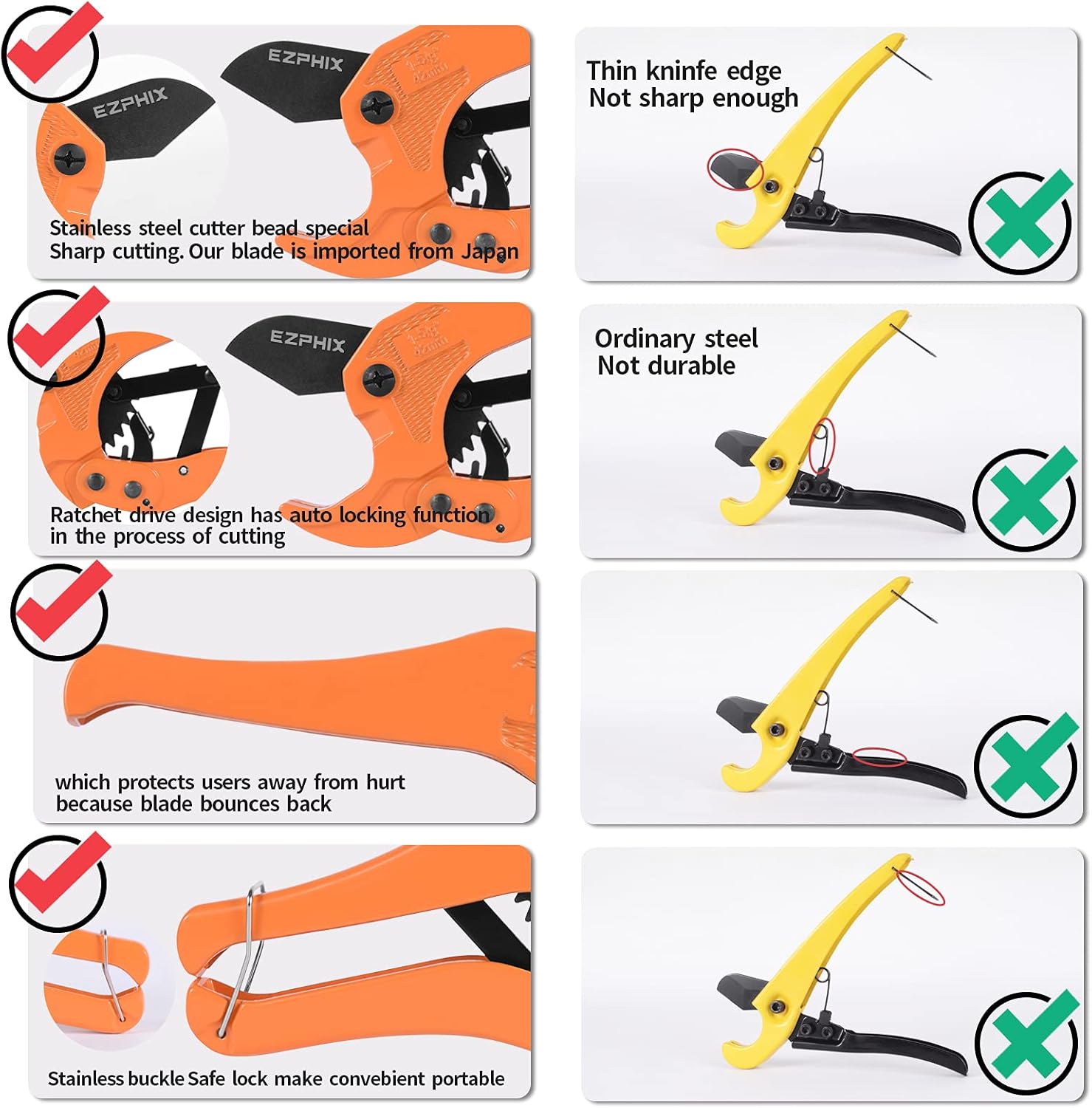 EZPHIX Pipe and Tube Cutter, Ratcheting Hose Cutter One-Hand Fast Pipe Cutting Tool with Ratchet Drive for Cutting Less Than 1-1/4" O.D. PEX, PVC, and PPR Pipe (orange42mm): Sports & Outdoors