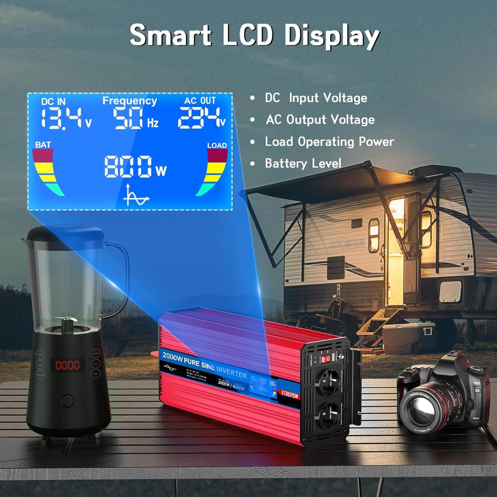 2000W Przetwornica 12v 230v Czysty Sinus z 2 gniazdami EU i bezprzewodowym pilotem, ekranem LCD, Falownikiem Nadaje się do użytku na zewnątrz, w domu, na kempingu, w kamperze