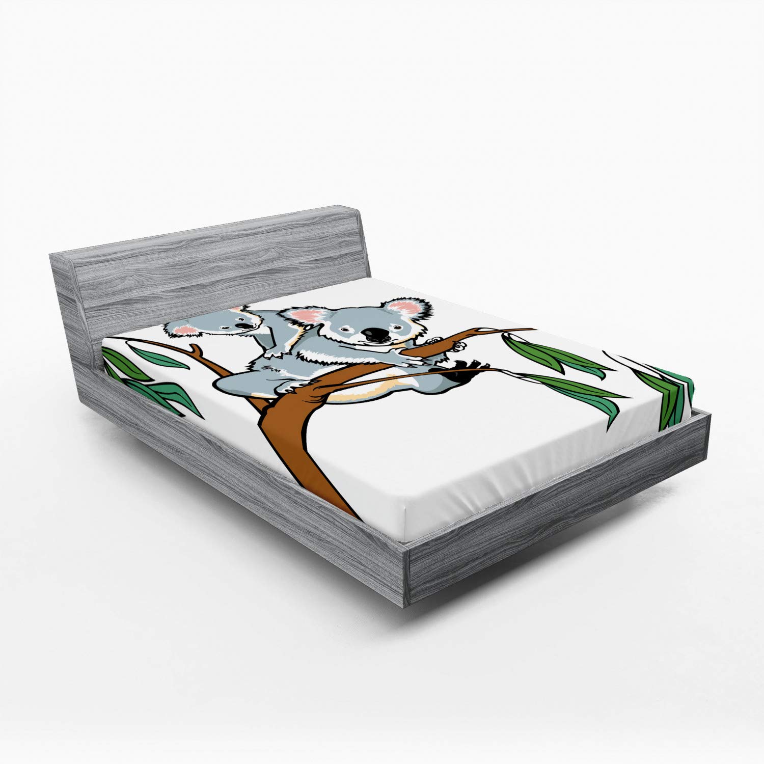 Ambesonne Tropical Animals Fitted Sheet, Mother and Koala Climbing Over Eucalyptus Tree Branch Wildlife Forest, Soft Decorative Fabric Bedding All-Round Elastic Pocket, Full Size, Brown Grey