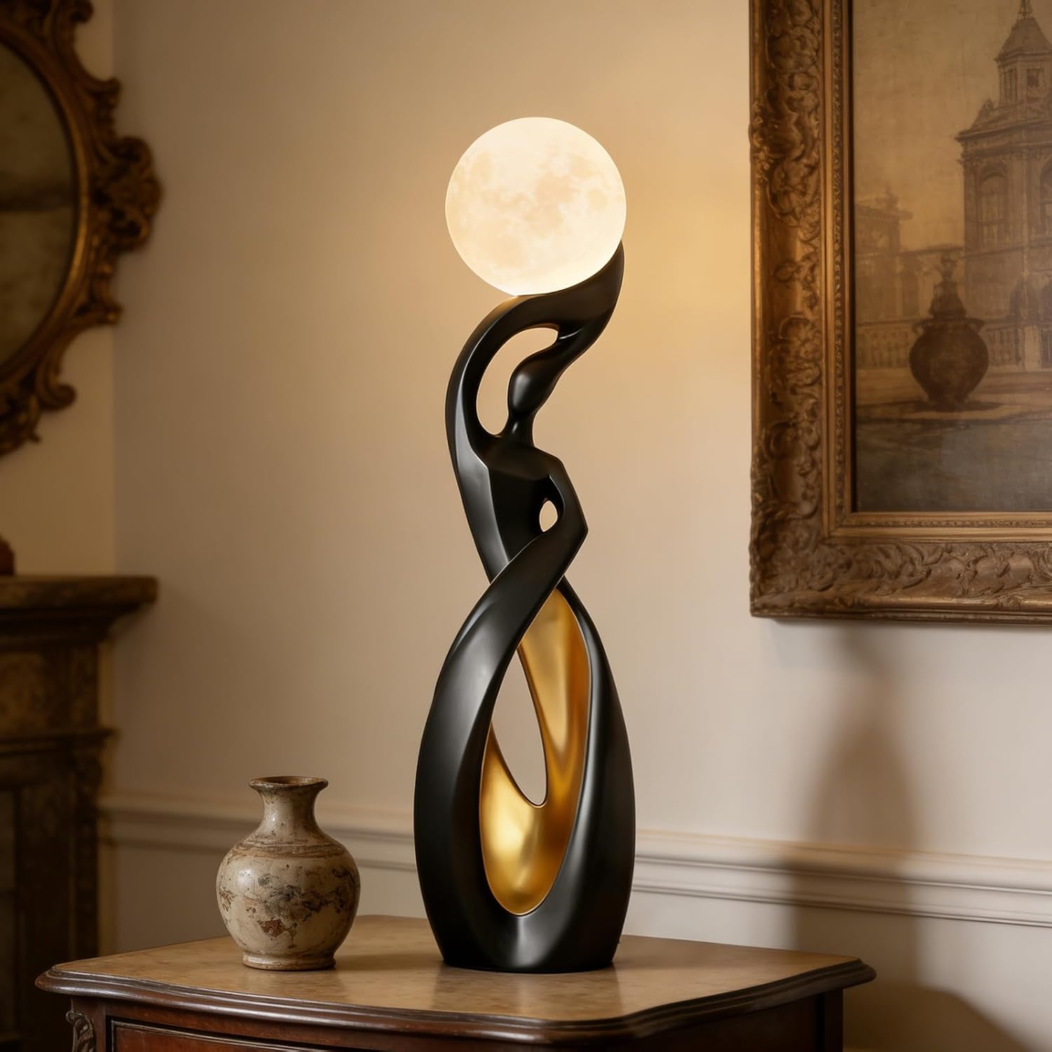 Modern Black and Gold Floor Lamp,Art Decorative Unique Corner Standing Light,Rechargeable Moon Tall Lamp Or Resin Creative Stylish Decor Lamps for LivingRoom,Bedroom.