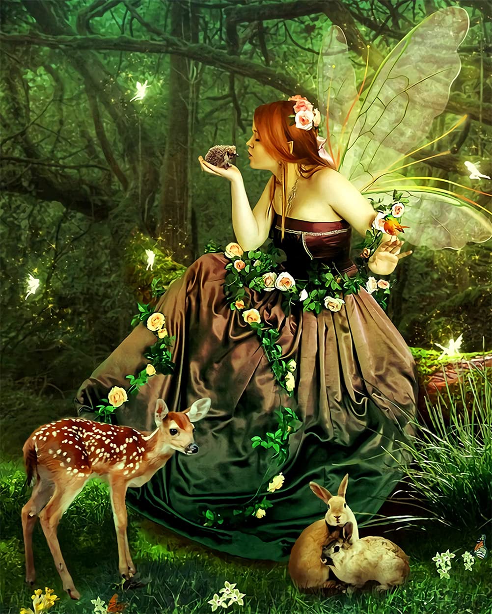 Meecaa Paint by Numbers Elves Flower Rabbit Deer Hedgehog Kit for Adults Beginner DIY Oil Painting 16x20 inch (Fairy, No Frame)