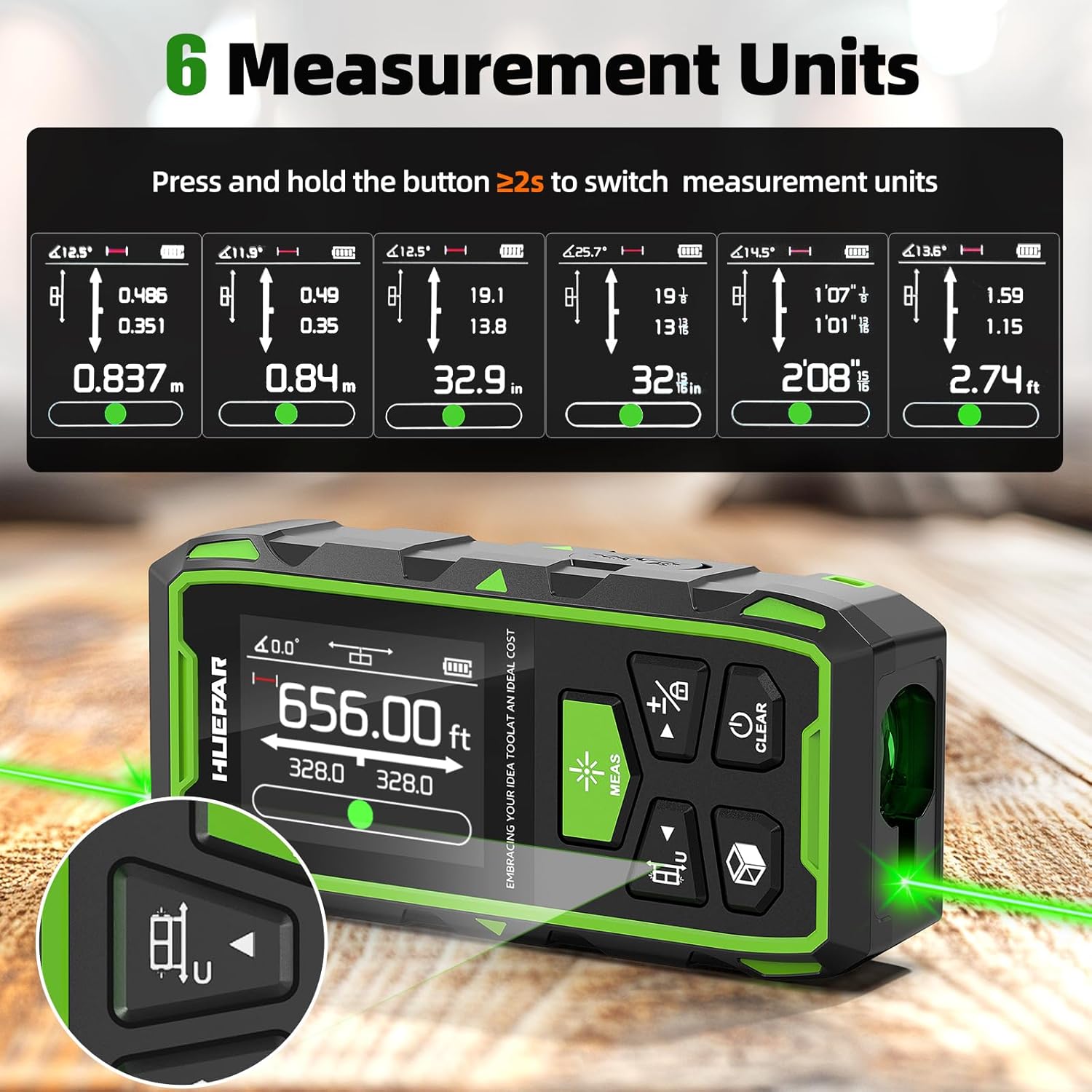 Images showing strong magnetic attraction, 1/4-inch tripod mount, and IP54 waterproof/dustproof features of the laser measure