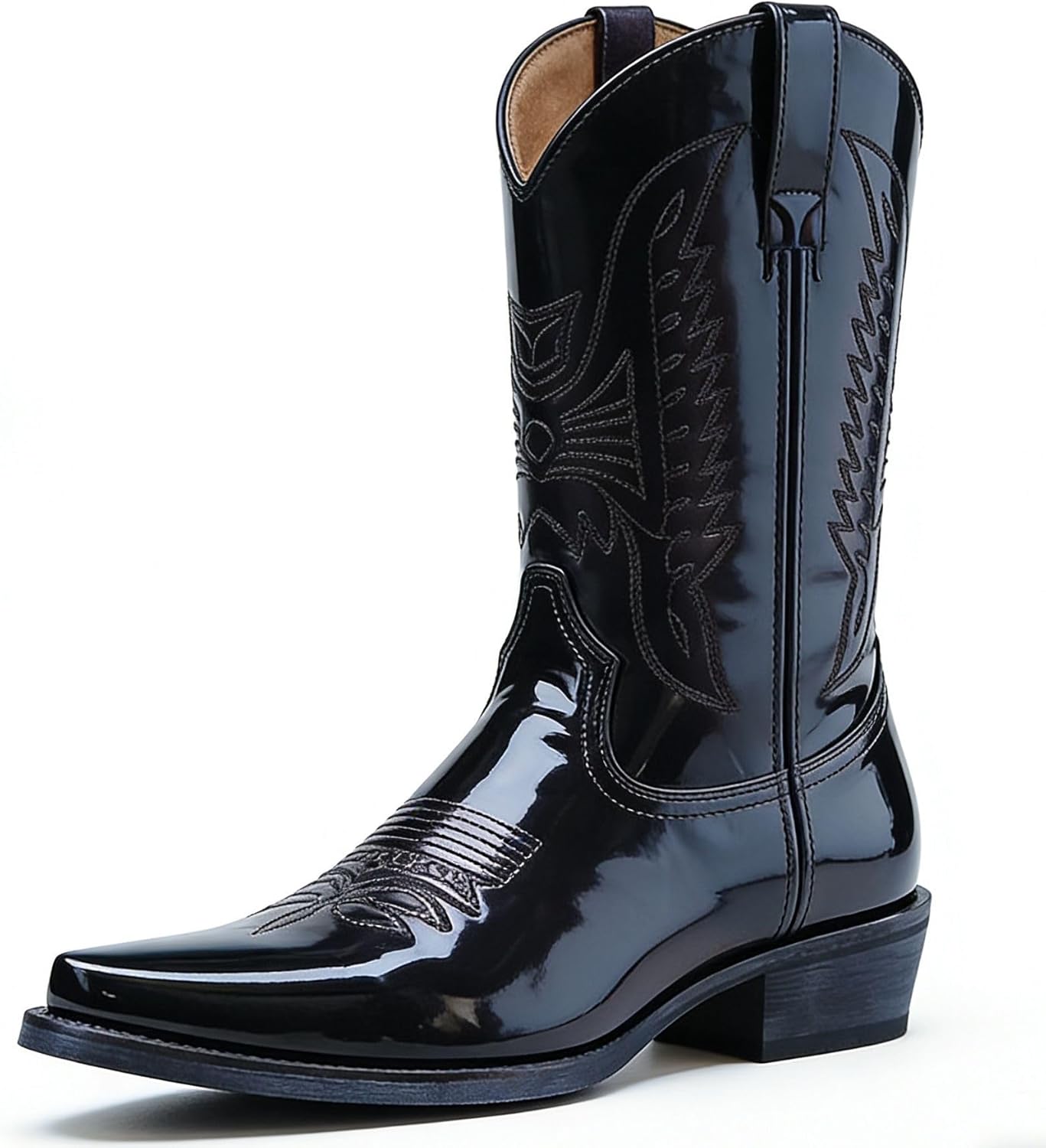 Men's Patent Leather Western Cowboy Boots - Snip Toe Mid-Calf Embroidered Riding Boots, Classic Retro Dress Boots for Rodeo & Casual Wear