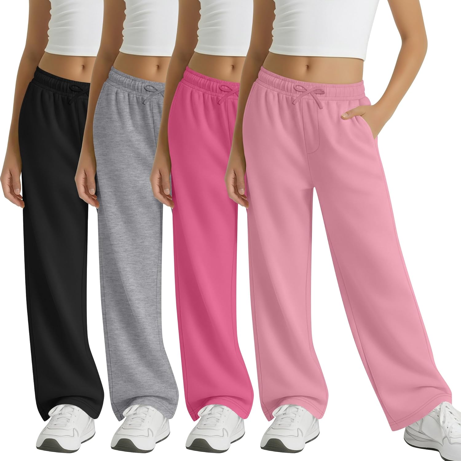 4 Pack Girls' Wide Leg Sweatpants Kids Baggy Jogger Casual Pants with Pockets 5-14 Years