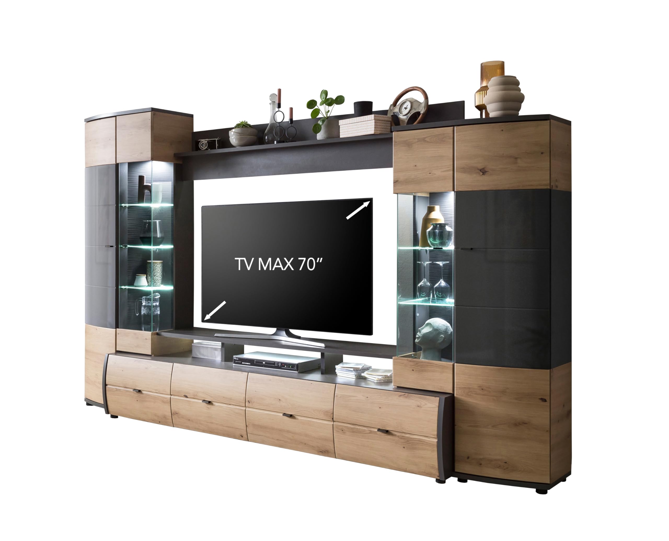 Florina VA Wohnkombination Set 4-Teilig - Modern - Front: MDF Hochglanz - Farbe: Braun/Grau - TV Wand - B/H/T: 302,2 x 193,3 x 53,2