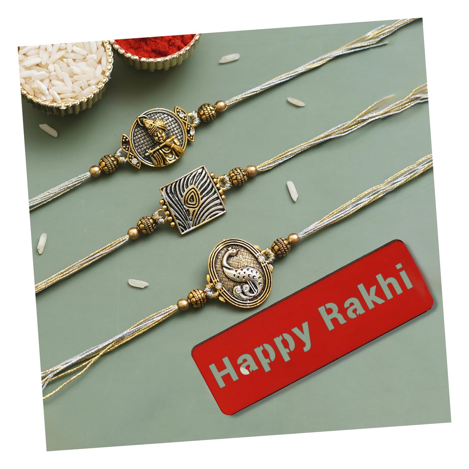 eCraftIndia Unisex Adult Set Of 3 Krishna Playing Flute, Peacock Feather, And Peacock Designer Rakhis, Happy Rakhi Wooden Cutout And Roli Chawal Pack - Rakhis For Brother, Bhaiya, Bhai (B0D1CDFB54) Amazon Price History, Amazon Price Tracker