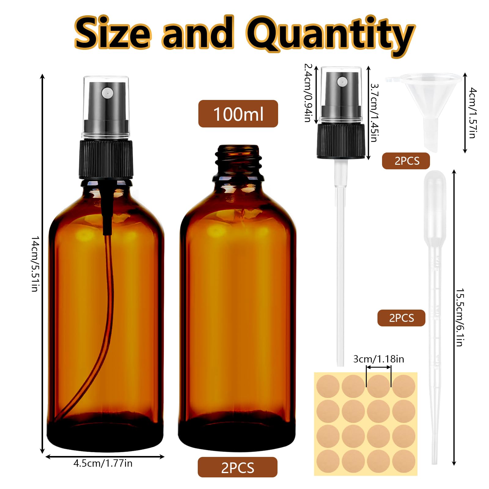 Maxmoc 100 ml, flacone spray in vetro marrone, 2 pezzi, piccolo vetro, nebulizzatore ricaricabile con imbuto, contagocce ed etichette per acqua, alcool, cosmetici, profumi, aromaterapia