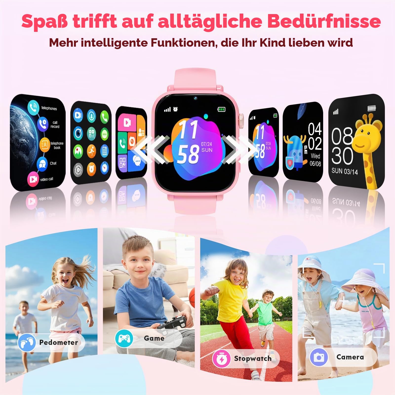 4G Smartwatch Kinder, Kinder Telefonuhr mit Videoanruf, Voice Chat, GPS, SOS, Schulmodus, Wecker, Schrittzähler, Spiele, Smart Watch für Jungen Mädchen Kinderuhr Geschenke 4-12 Jahren (Orangerosa)