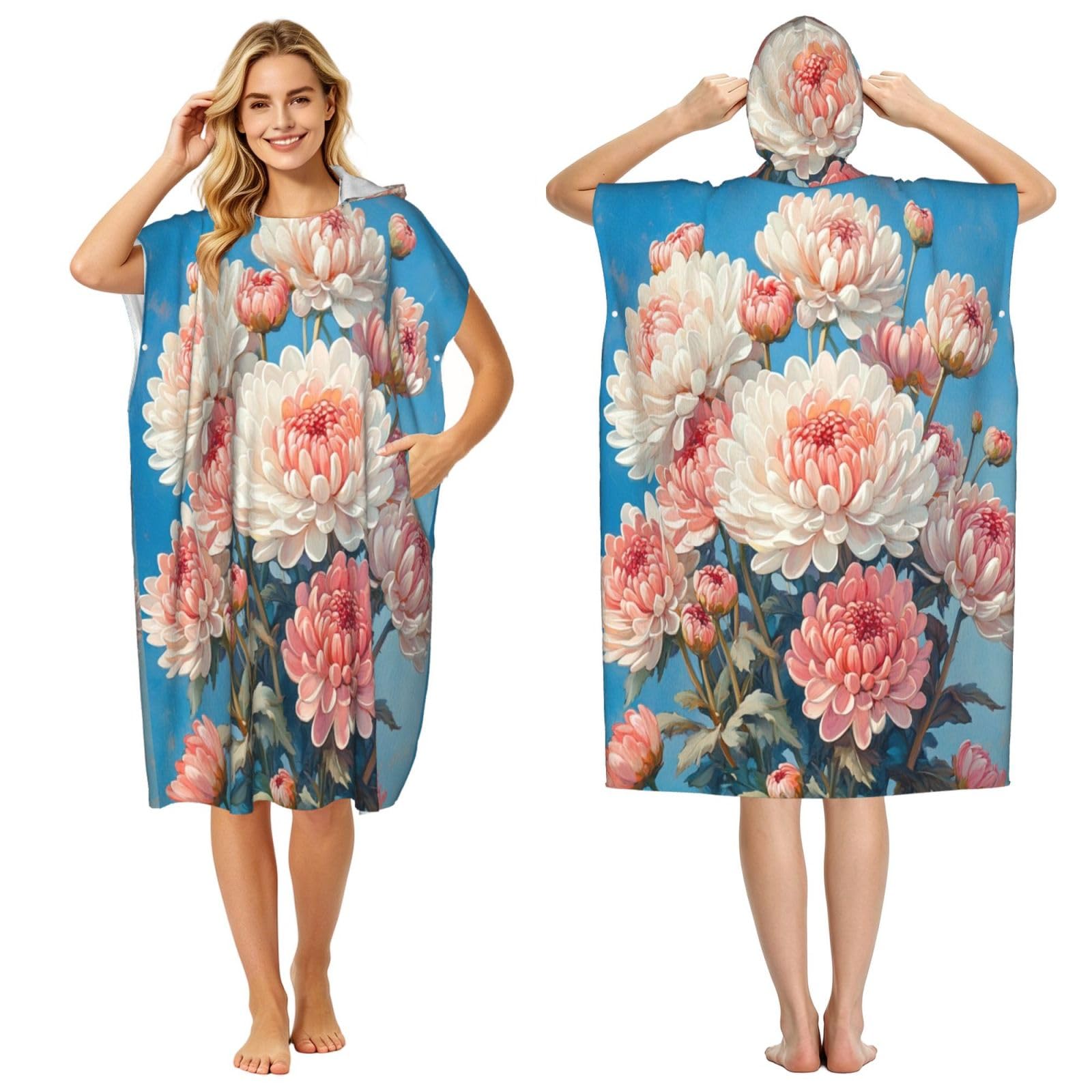 KLGRTJHK Blooming Chrysanthemums Adult Hooded Beach Poncho Towel 43"X35"