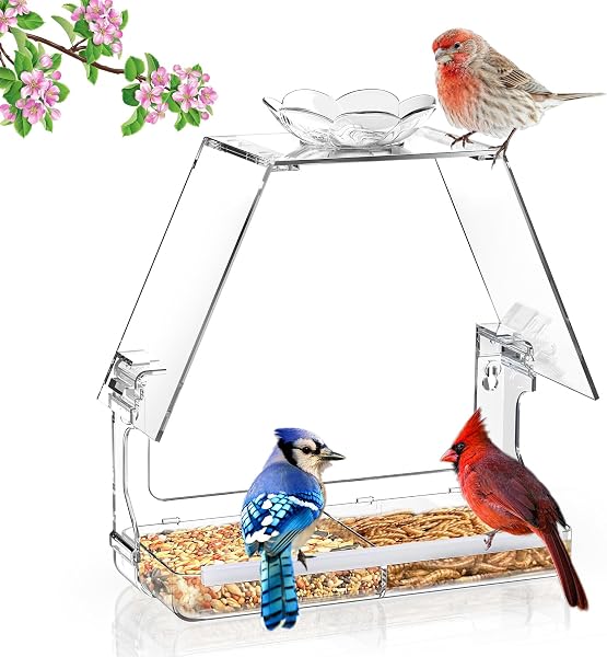 WENMIXER Window Bird Feeder with Non-Marking Self-Adhesive Hooks, Clear and Transparent, Outdoor Wild Bird Watching Gift