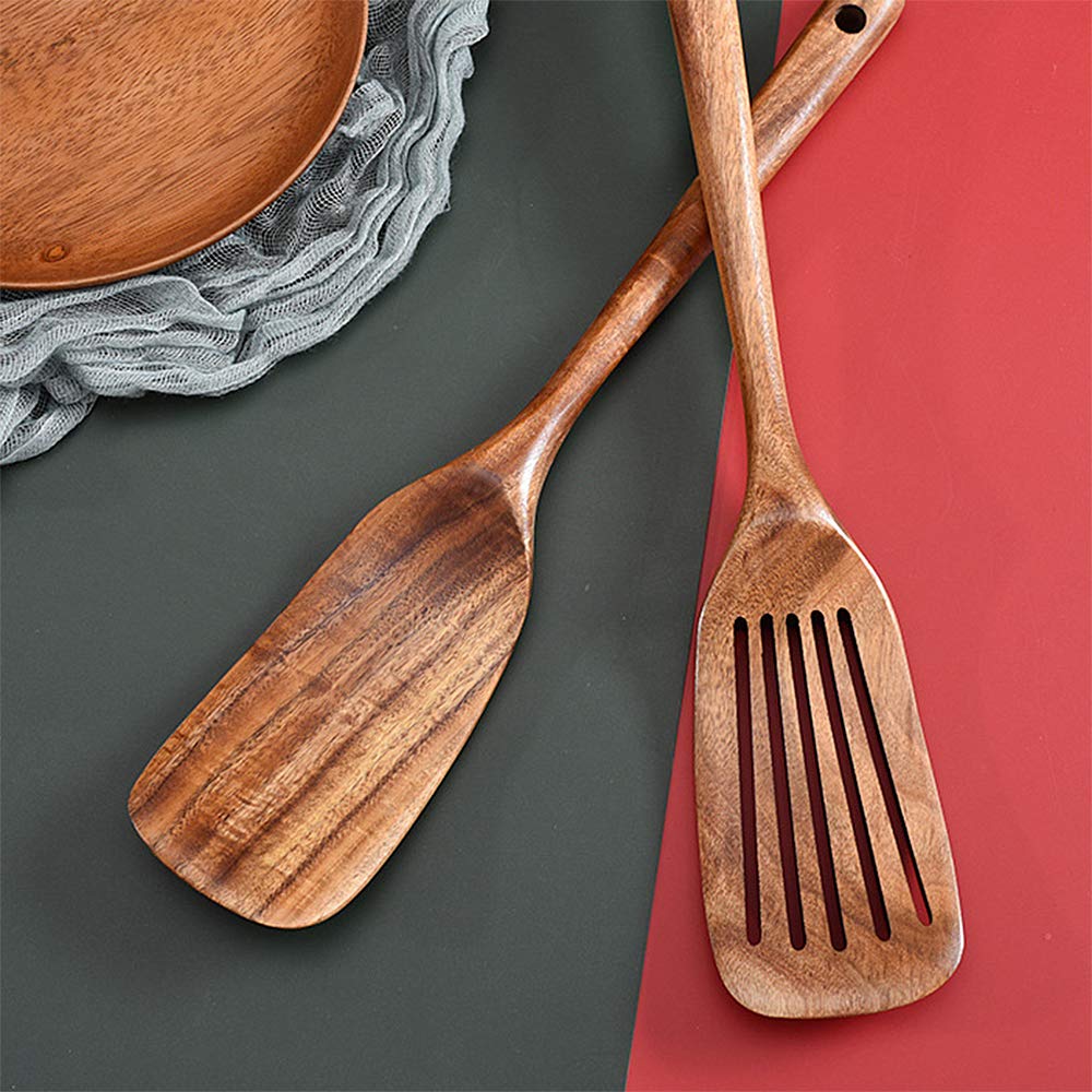 Set Di 2 Cucchiai In Legno Di Teak Per Cucina - Spatola E Cucchiaio Antiaderenti, Ergonomici, Regalo Per Appassionati Di Cucina